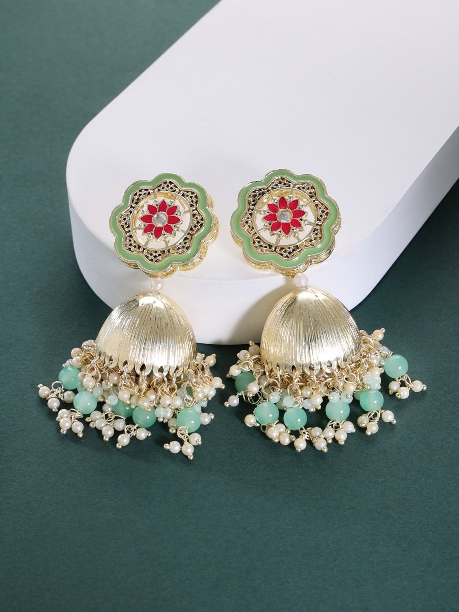 Zaveri Pearls Green & Pink Meenakari Kundan & Cluster Beads Jhumki Earring-ZPFK14715