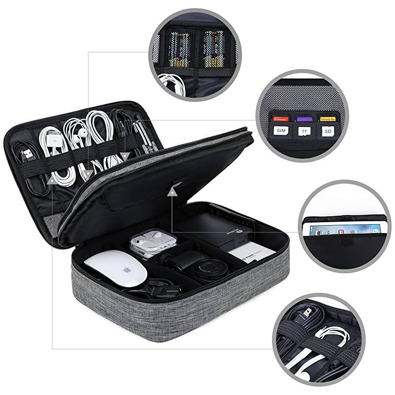 Electronic Organizer  Travel Cable Organizer Bag Double Layer for 105 Inch Tablet Hard Drives Cables Phone USB SD Card GreyLarge
