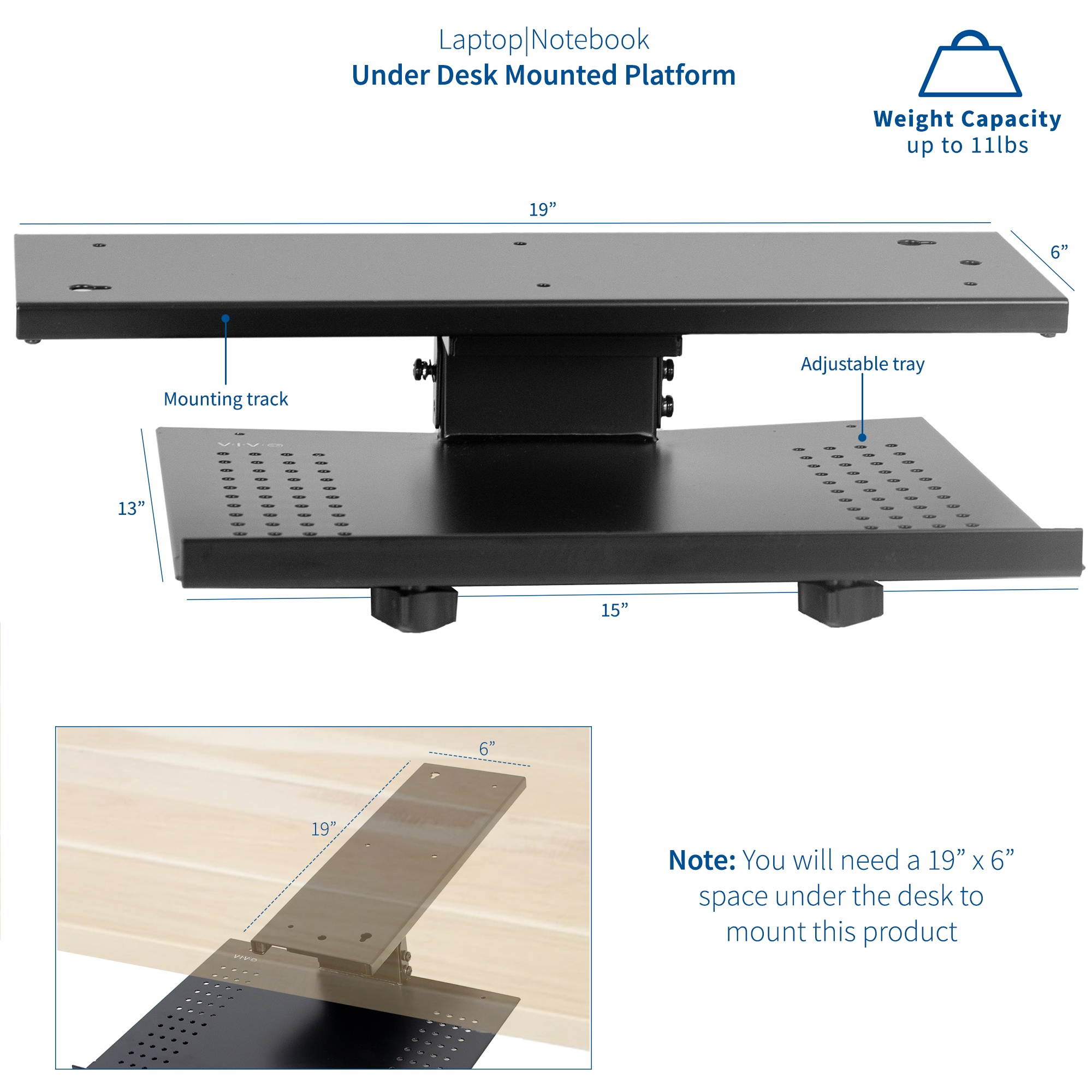 VIVO Black Sliding Tray Track Adjustable Platform Mounted Under Desk | Laptop Notebook Holder (DESK-AC02A)