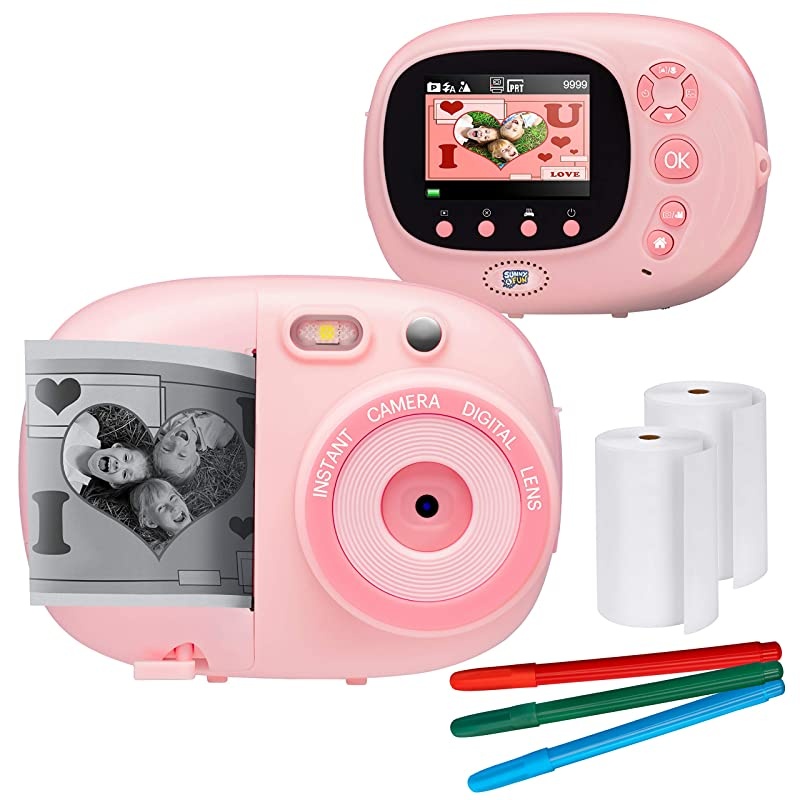 Fun Crafty Cam | Best Gift for Boys Girls | Kids Instant Print Camera Video Camcorder Bundle with 24 HD Screen Selfie Mirror Filters for Hours of Fun Crafts Pink
