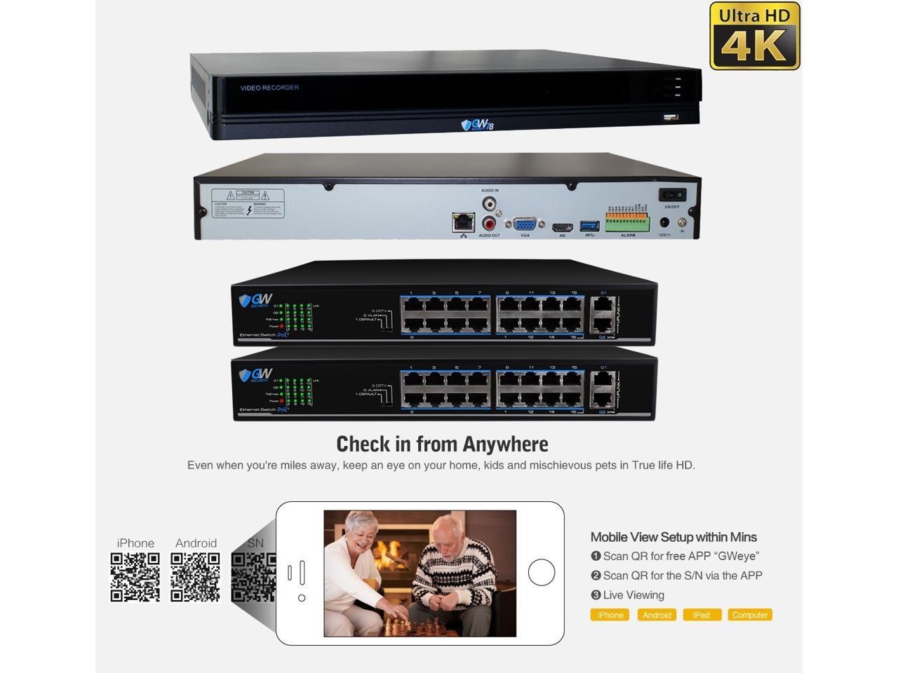 GW Security 8 Channel 15 Smart AI Functions Ultra HD 4K (8MP) Video & Audio Spotlight Color Night Vision Turret PoE IP Security Camera System (4 Cameras)