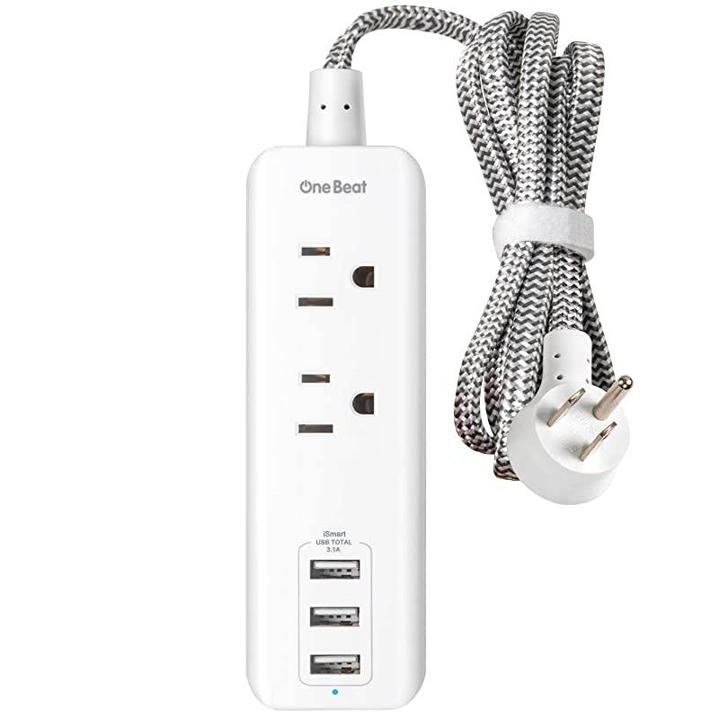 Strip with USB - 2 Outlets 3 USB Charging Ports(3.1A, 15W), Desktop Charging Station with 5 ft Braided Extension Cord, Flat Plug Travel Strip for Cruise, Home Office, ETL Listed