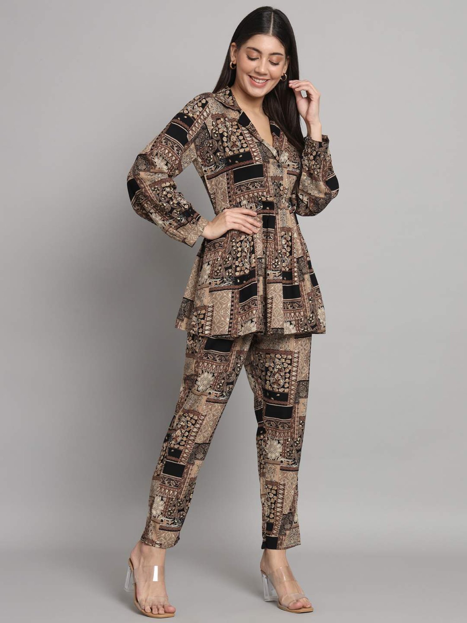 READIPRINT FASHIONS Black & Beige Printed Top Pant Set