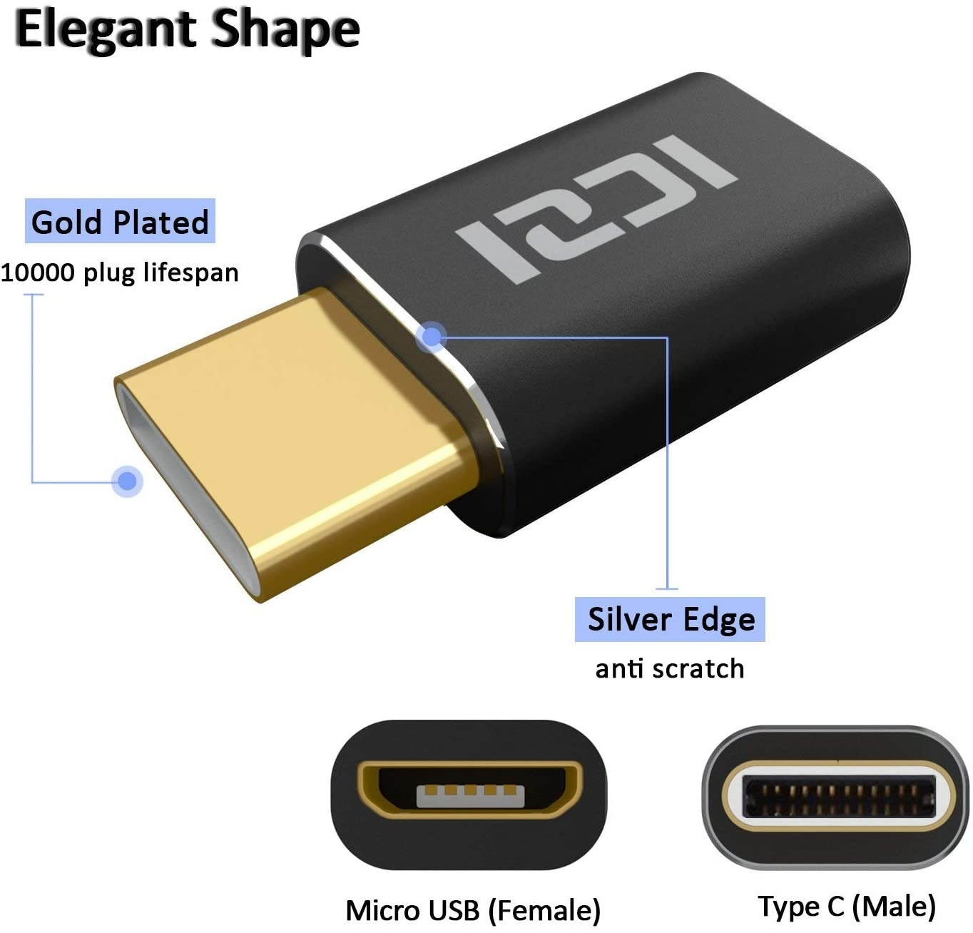 USB Type C Adapter(5pcs), ICZI USB C to Micro USB Convert Connector for Samsung S10 S10e S9 Plus Note 8, LG V20 G6 G5, Nexus 6P 5X, Oneplus 5T, Nintendo Switch& More- Gold Plated, OTG
