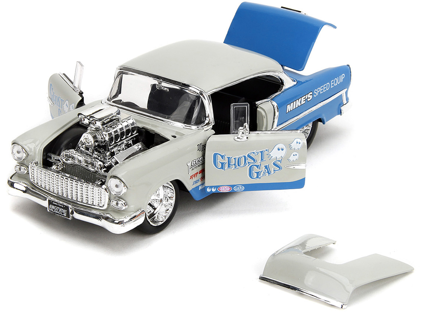 1955 Chevrolet Bel Air "Ghost Gas - Mike's Speed Equip" Light Gray and Blue "Bigtime Muscle" Series 1/24 Diecast Model Car by Jada