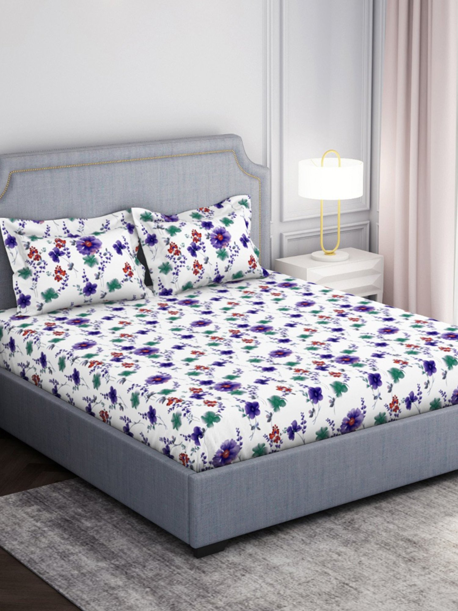 Welspun Adore Floral White 105 TC Microfiber Double Bedsheet with 2 Pillow Covers