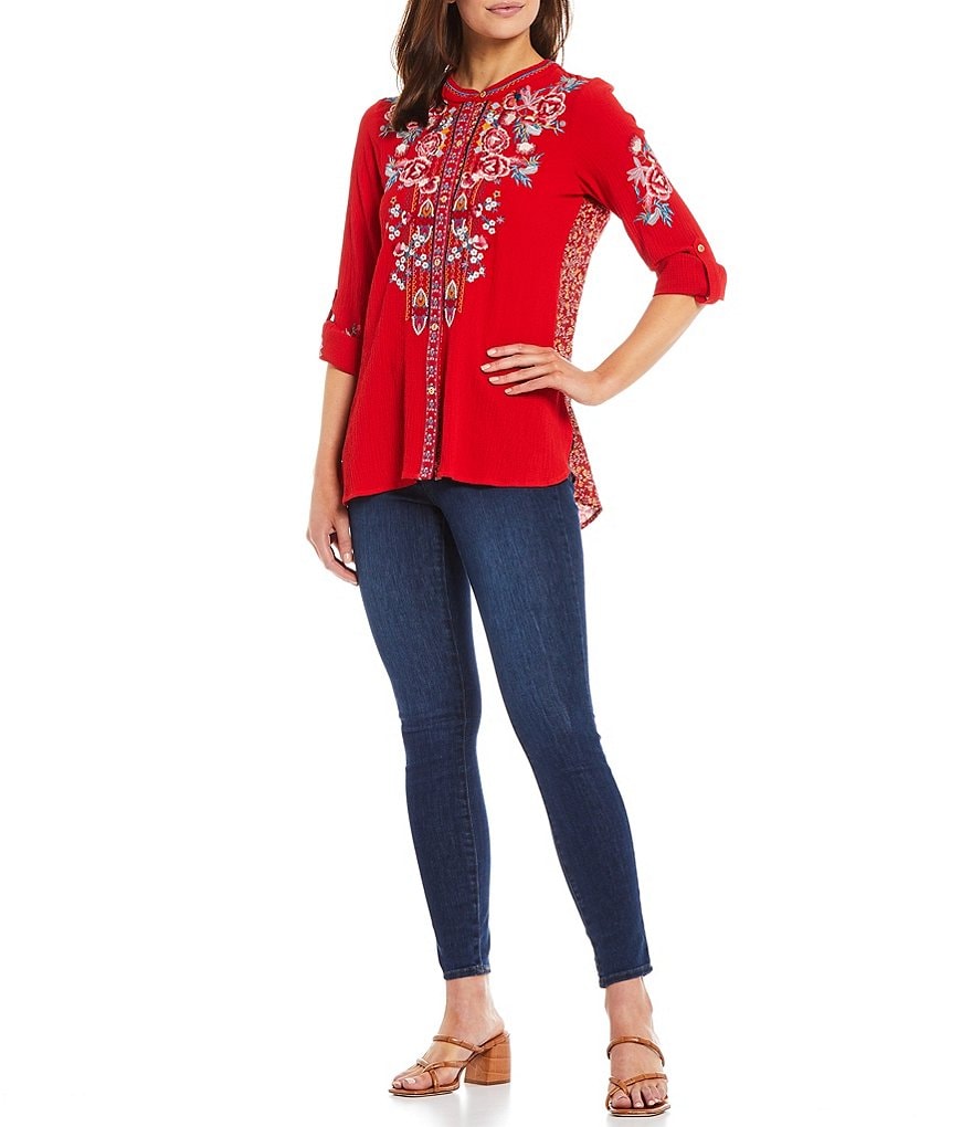 Calessa Mixed Media Floral Embroidery Contrast Back Button Front Tunic
