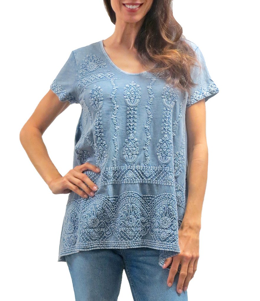 Karyn Seo Kiana Vintage Tonal Embroidered Cotton Scoop Neck Tunic Tee