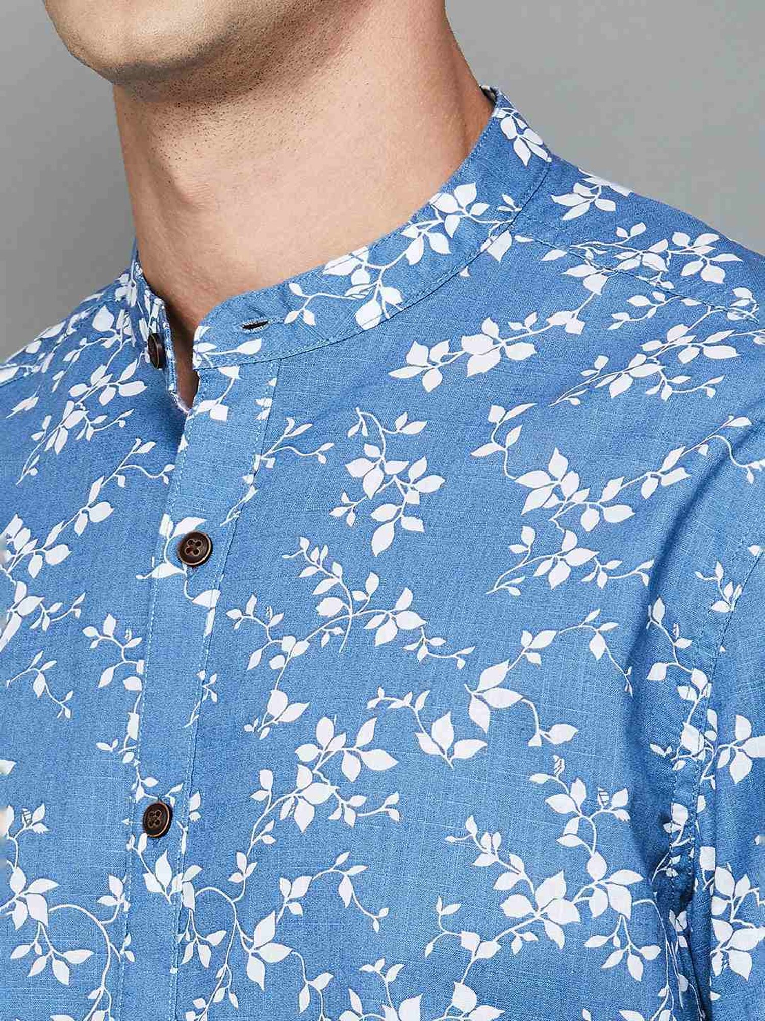 Melange By Lifestyle Blue Cotton Regular Fit Printed Shirt
