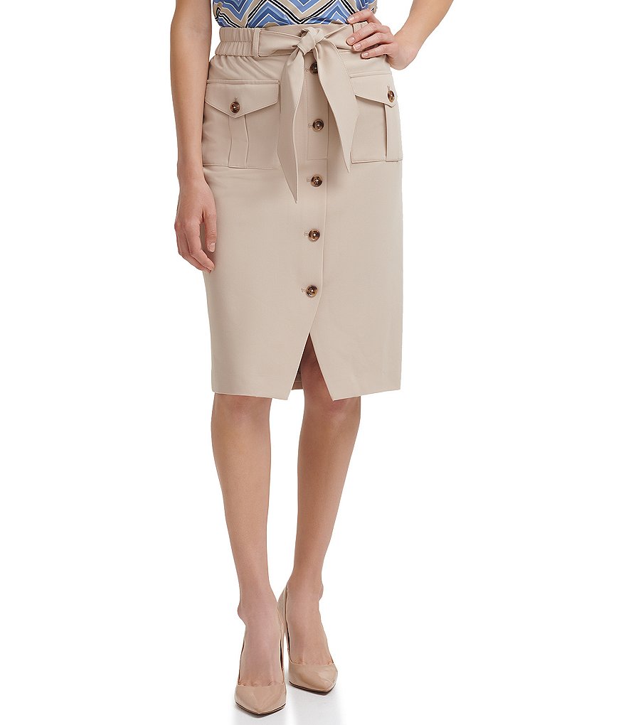Tommy Hilfiger Twill Utility Tie Front Button Pencil Skirt