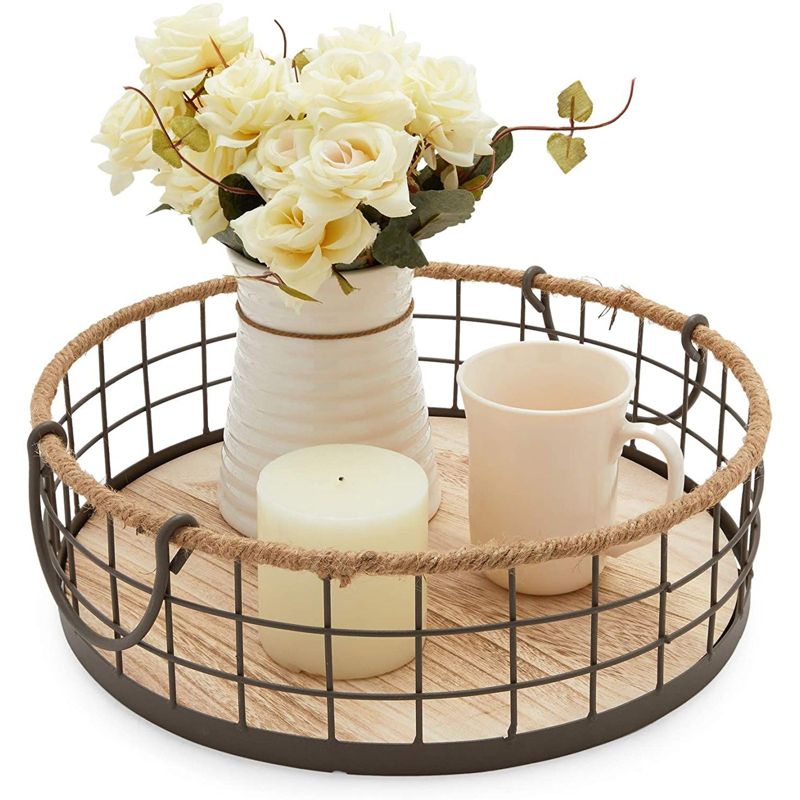 Juvale 2 Pack Round Wooden Wire Basket Trays with Handles, Farmhouse Decor (2 Sizes)