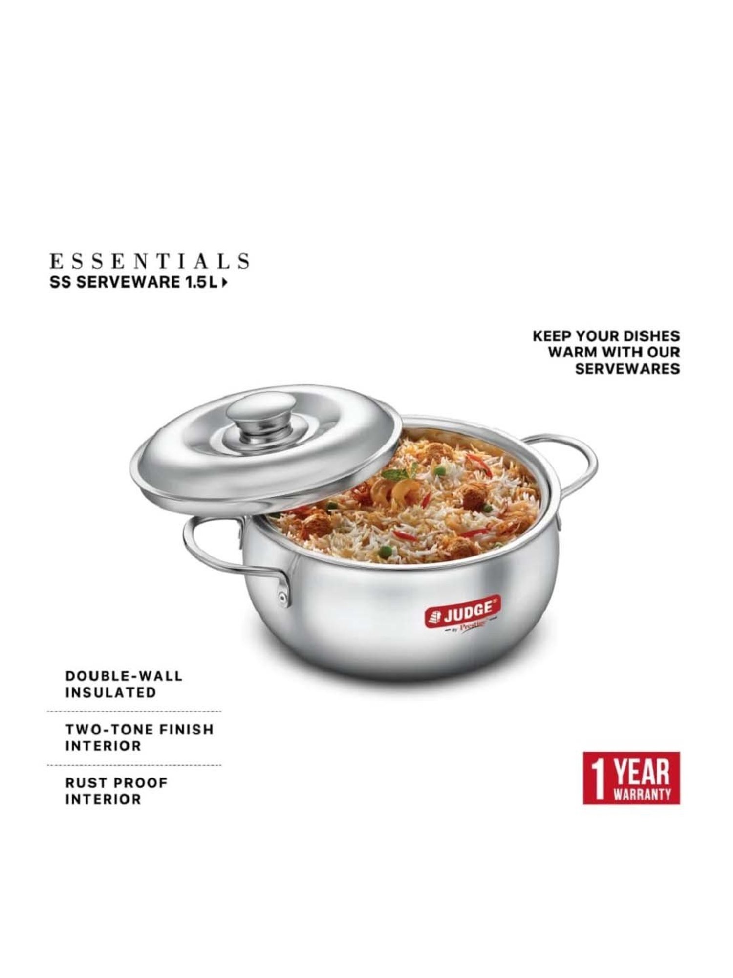 JUDGE Essentials Silver Stainless Serveware Casserole With Lid (1.5 L)