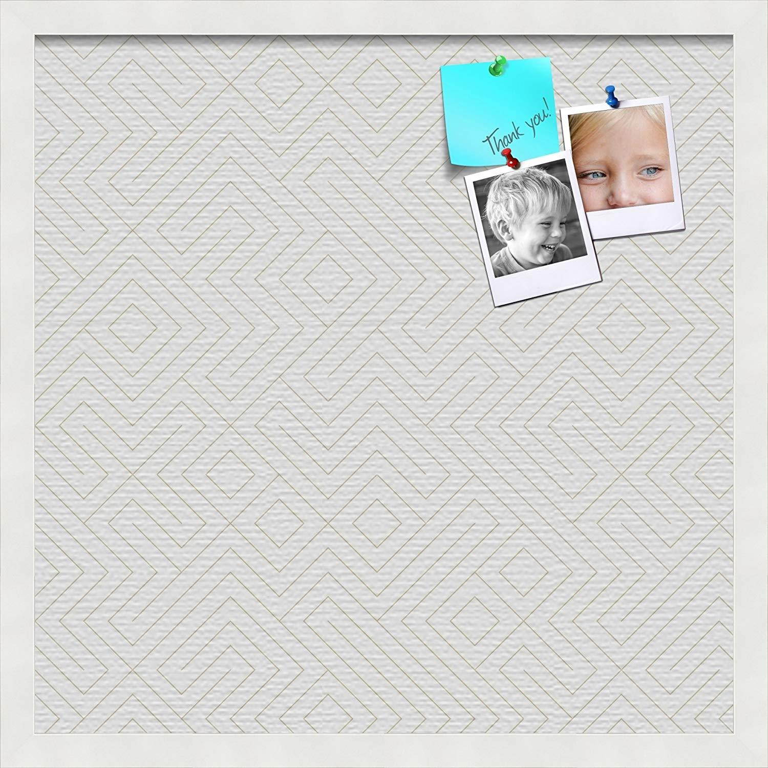 PinPix custom printed pin cork bulletin board made from canvas, Maze White Beige 20x20 Inches (Completed Size) and framed in Satin White Frame (PinPix-Group-91)