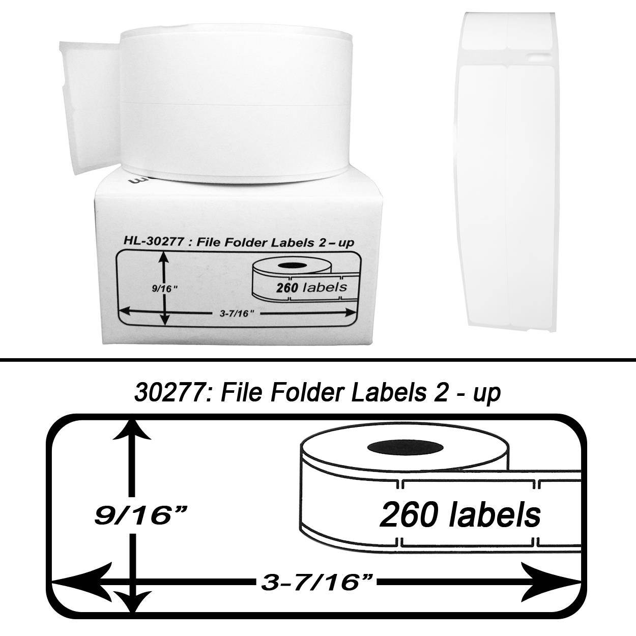 DYMO-Compatible 30277 File Folder Labels 2-Up (9/16" x 3-7/16") -- BPA Free! (100 Rolls; 260 Labels per Roll)