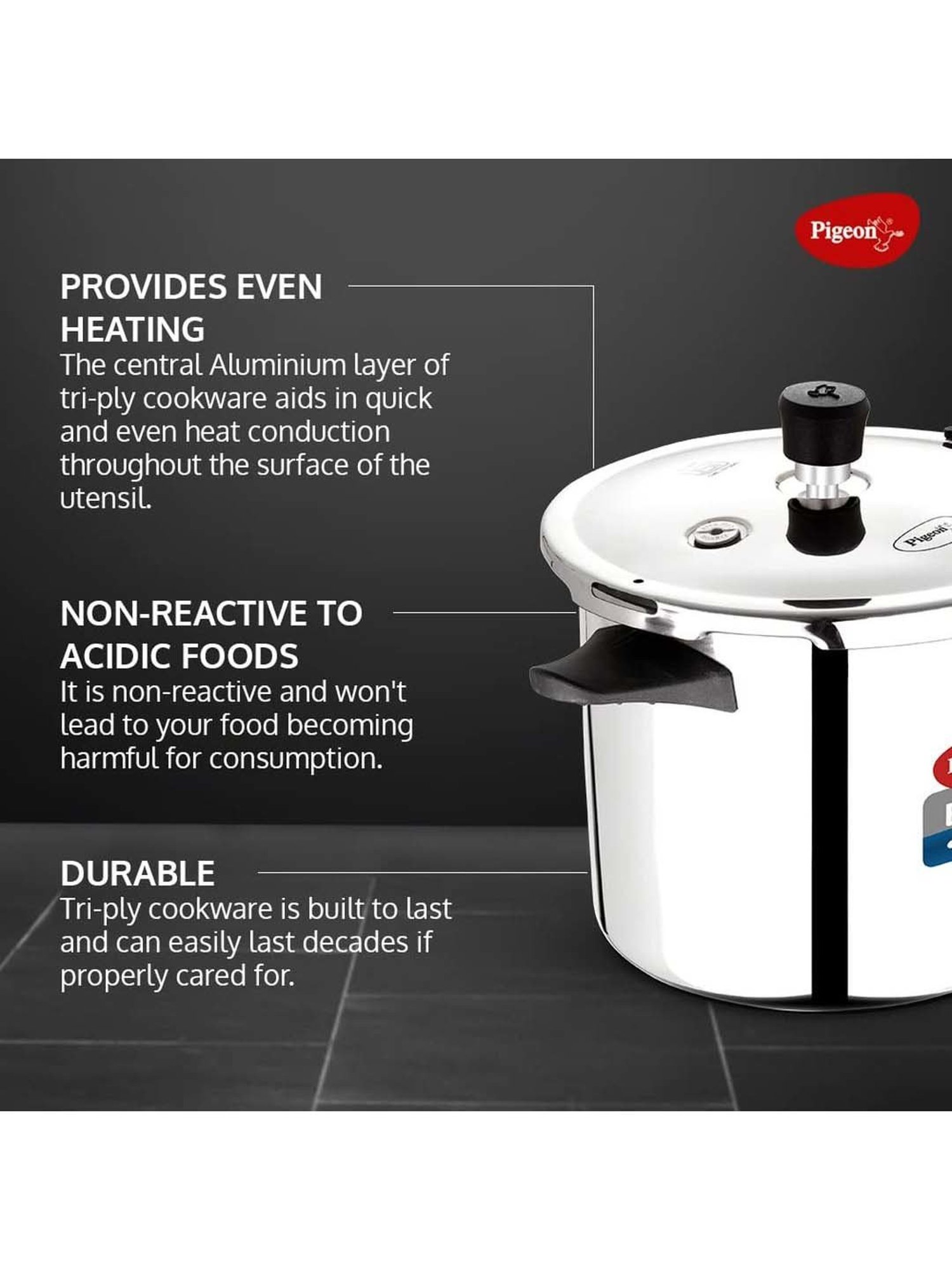 Pigeon Silver Stainless Steel Induction Elite Shine Triply Pressure Cooker (3 L)