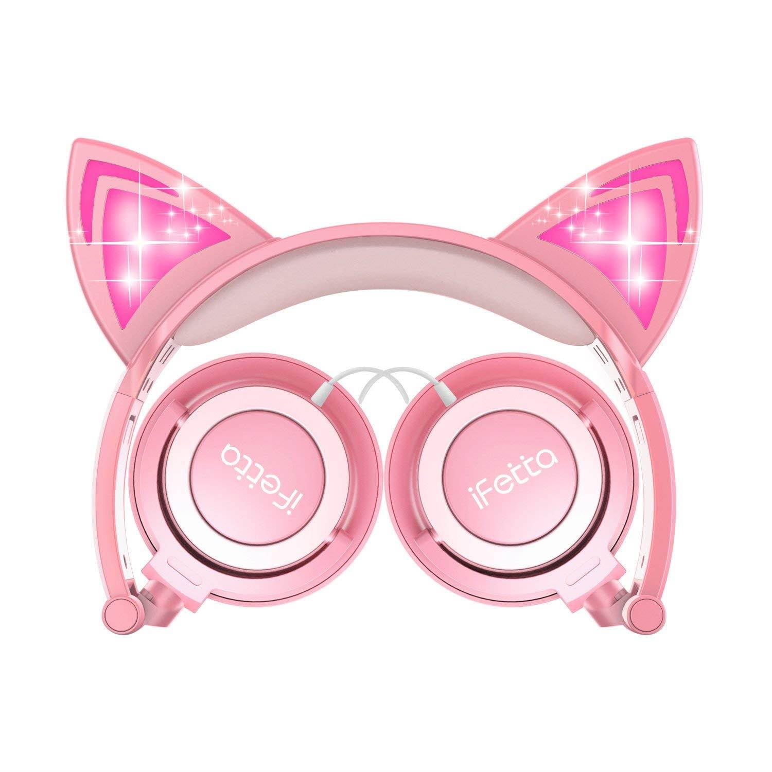Kids Headphones, Ifecco Cat Ear Headphones Light Glowing Over Ear Headset Pink for Girls with 3.5mm Audio Cable