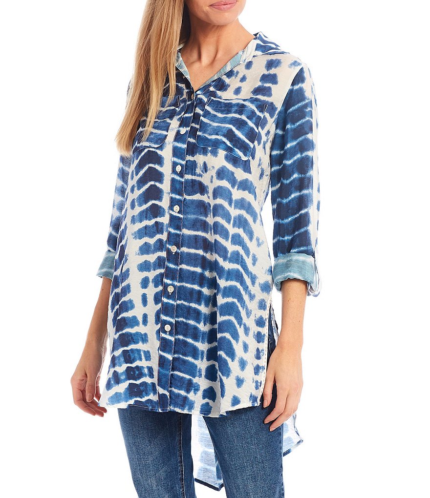 John Mark Roll Tab Sleeve Tie-Dye Print Button Front Pocket Tunic