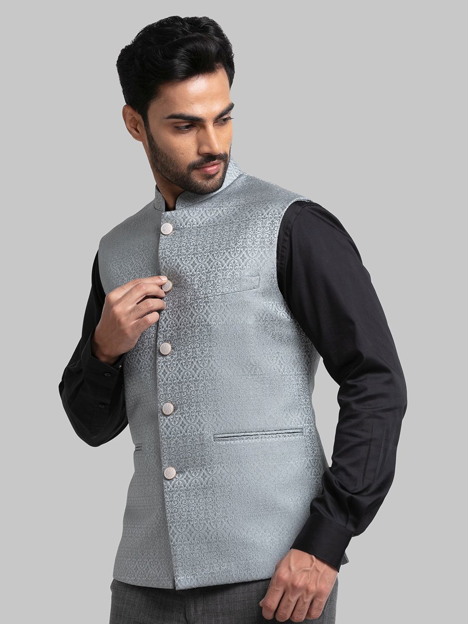 Raymond Grey Regular Fit Embroidered Nehru Jacket