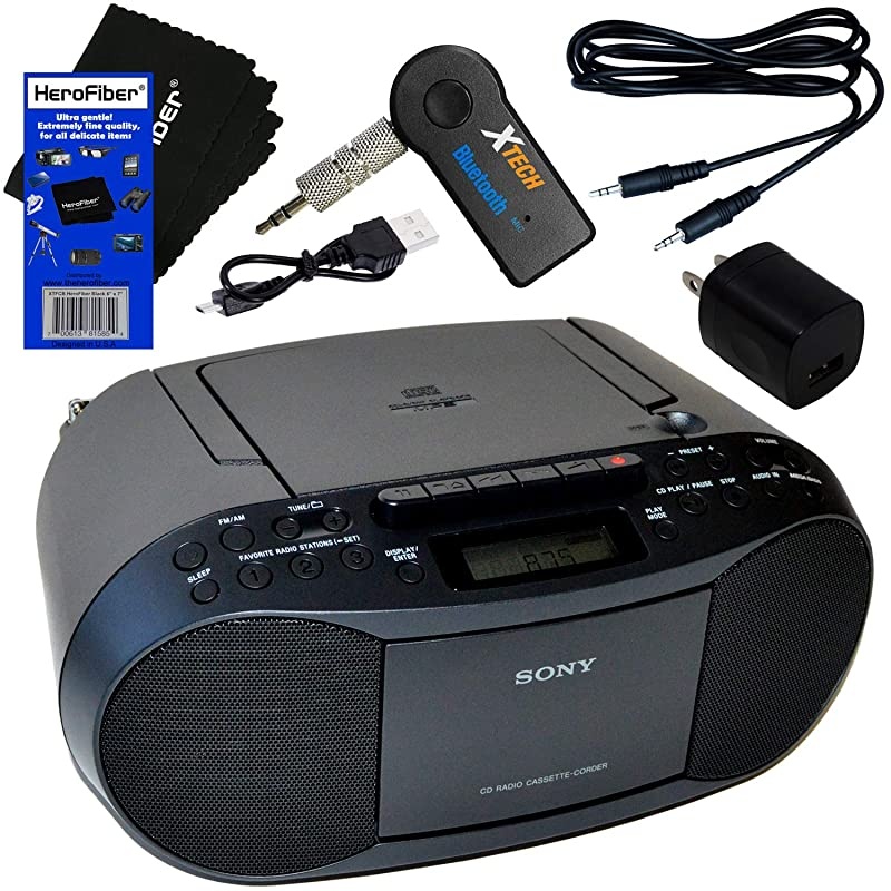 Sony Portable CD Player Boombox with AMFM Radio Cassette Tape Player + Wireless Bluetooth Receiver + Aux Cable for Smartphones MP3 Players  Ultra Gentle Cleaning Cloth