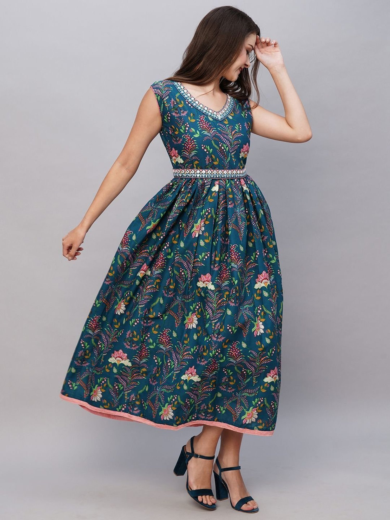 KIANA Blue Cotton Printed Maxi Dress