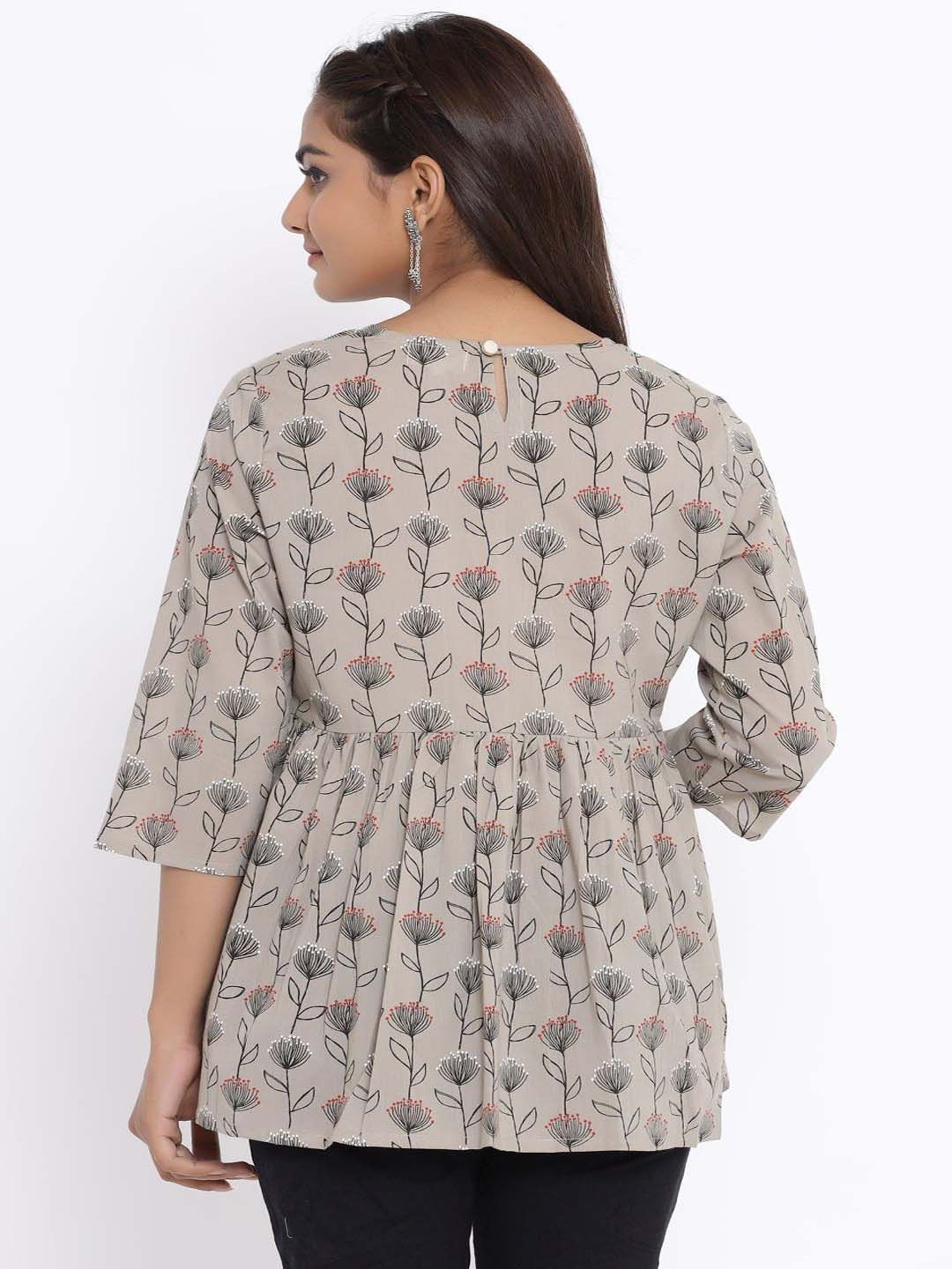 Miravan Grey Cotton Printed A Line Short Kurti