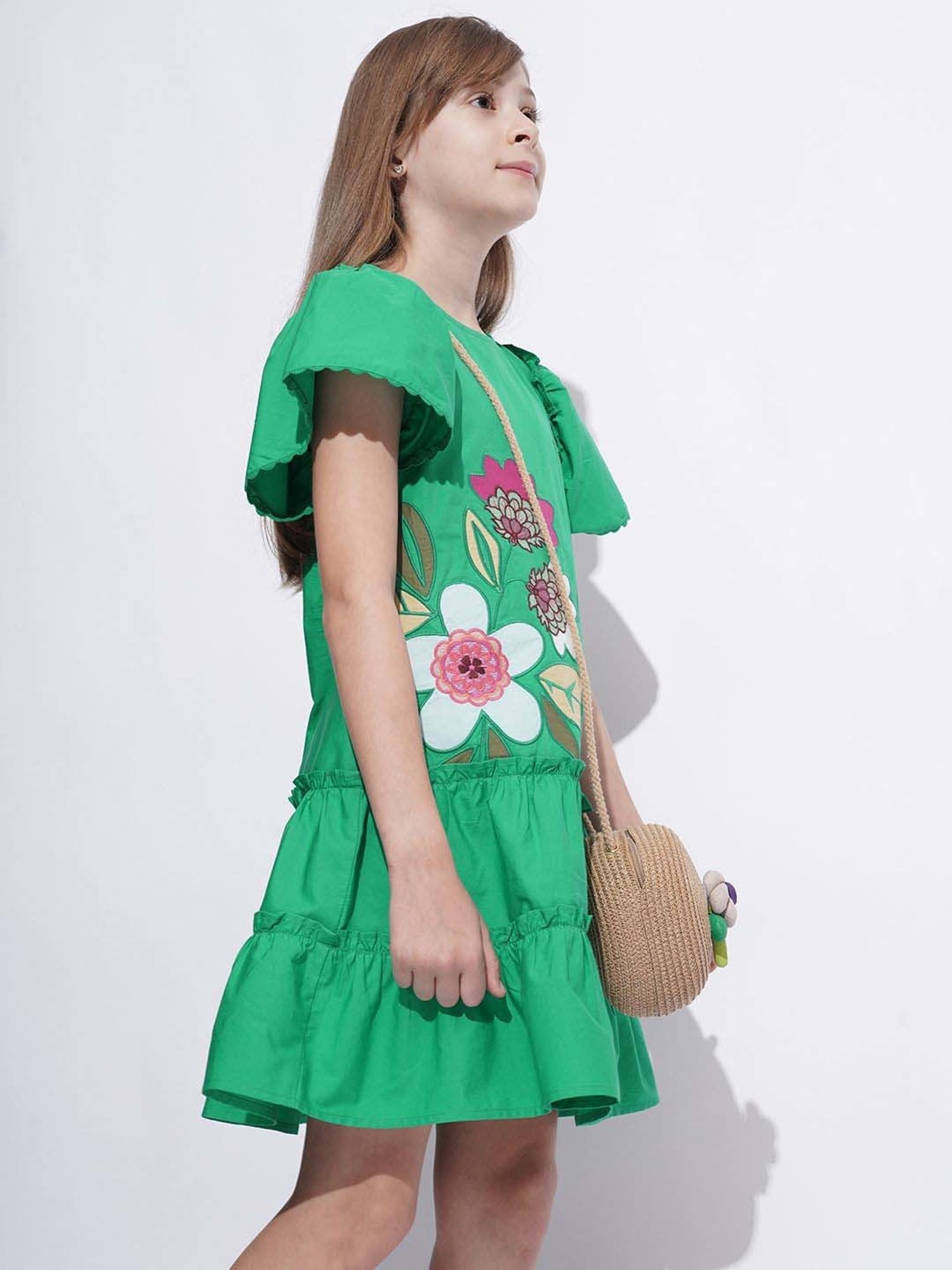 Vero Moda Girls Green Cotton Embroidery Dress