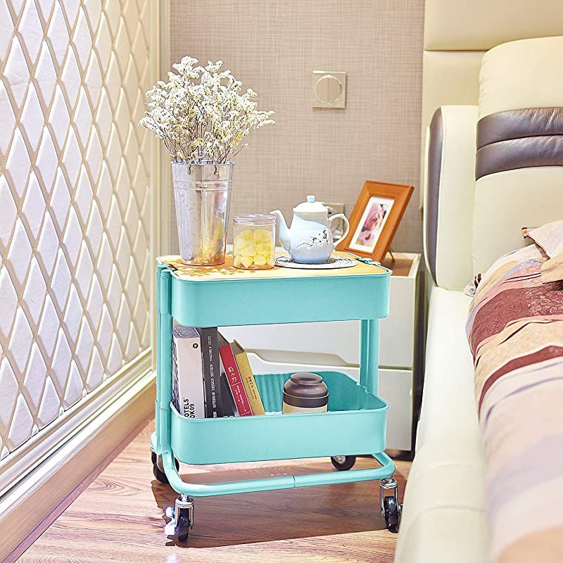 Metal Utility Rolling Cart Storage Side End Table with Cover Board for Office Home Kitchen Organization, Turquoise