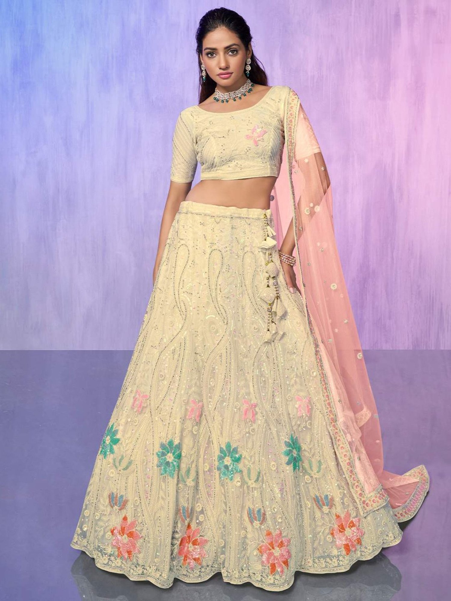Odette Beige Embroidered Semi Stitched Lehenga Blouse Set With Dupatta