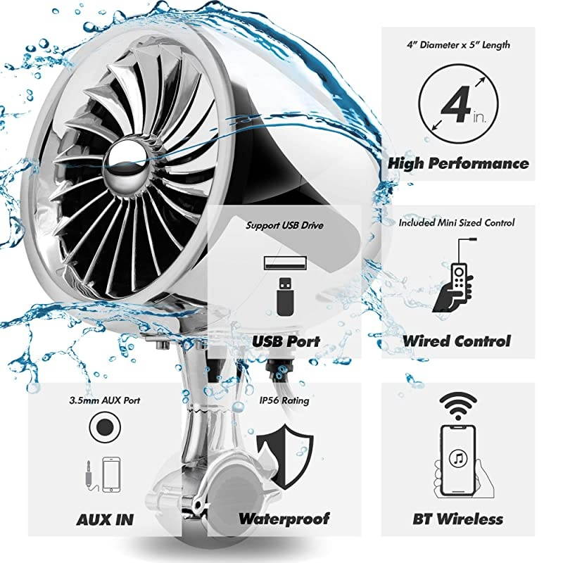 AN4 Gen.3 All-in-One Built-in Amplifier 4" Full Range Waterproof Bluetooth Motorcycle Stereo Speakers Audio Amp System w/AUX for 1 to 1-1/4 Bar Harley ATV RZR 4 Wheeler