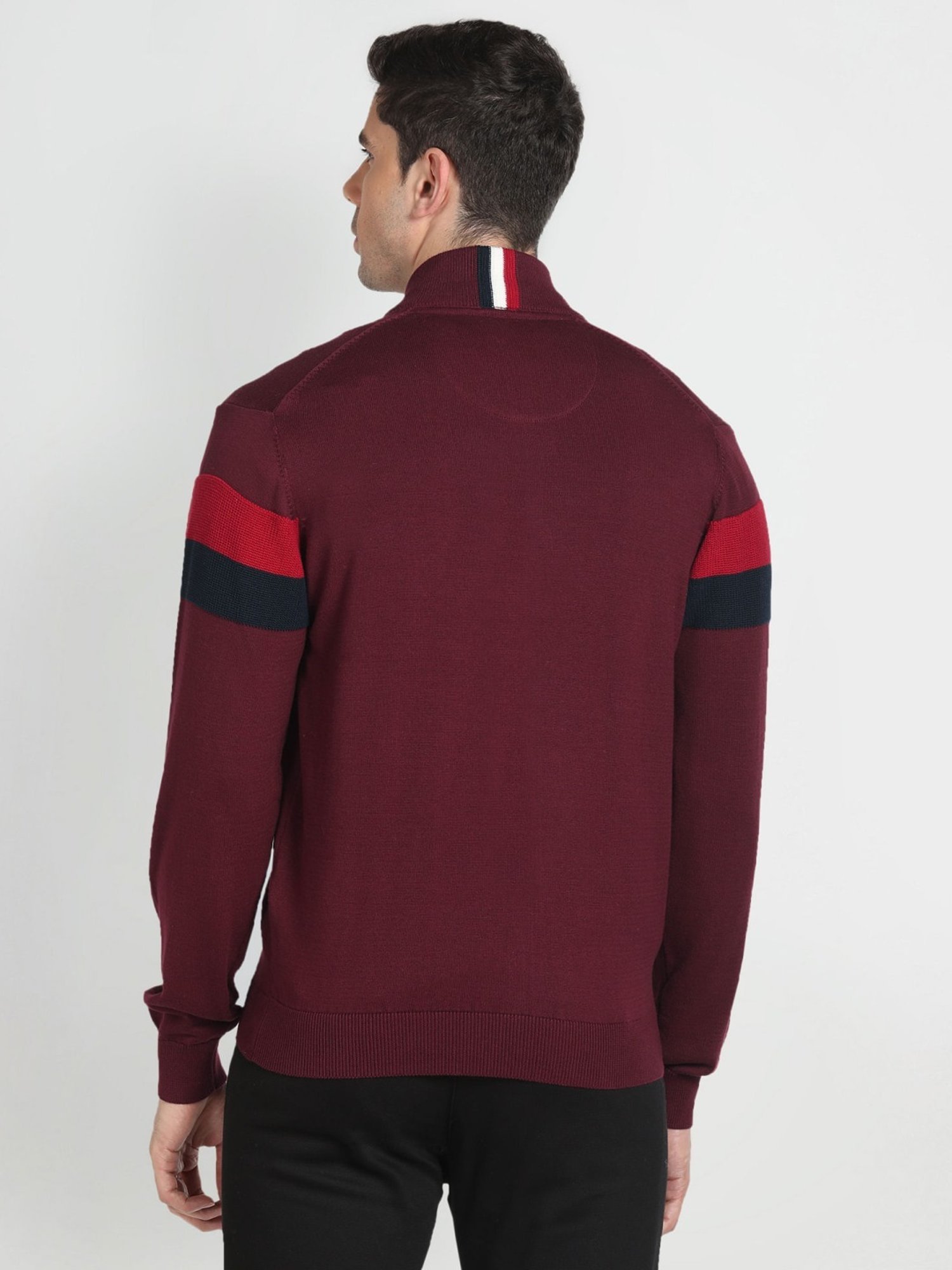 Arrow Sport Dark Red Cotton Regular Fit Striped Sweater
