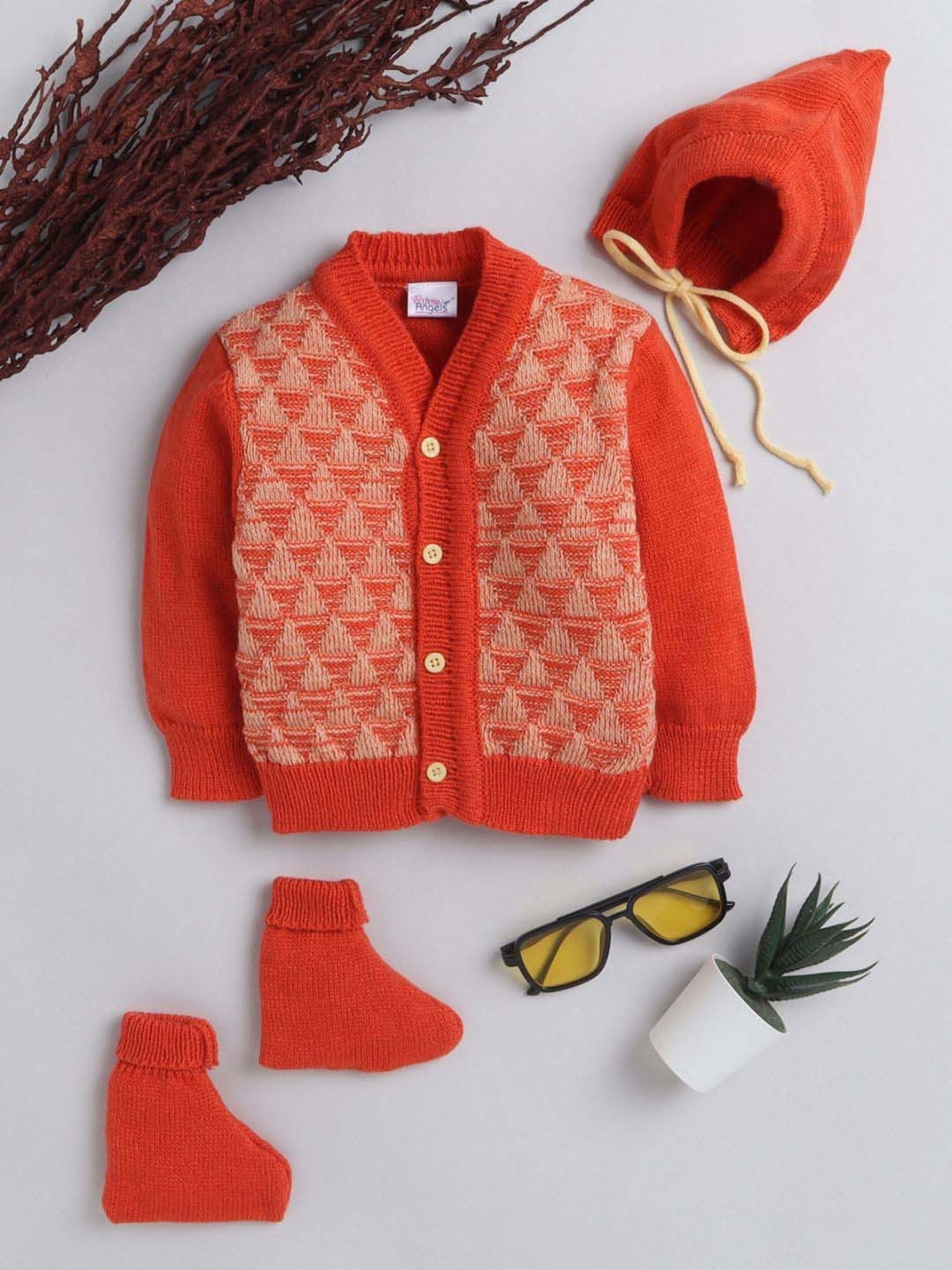 Little Angels Kids Orange Textured Pattern Full Sleeves Sweater Set