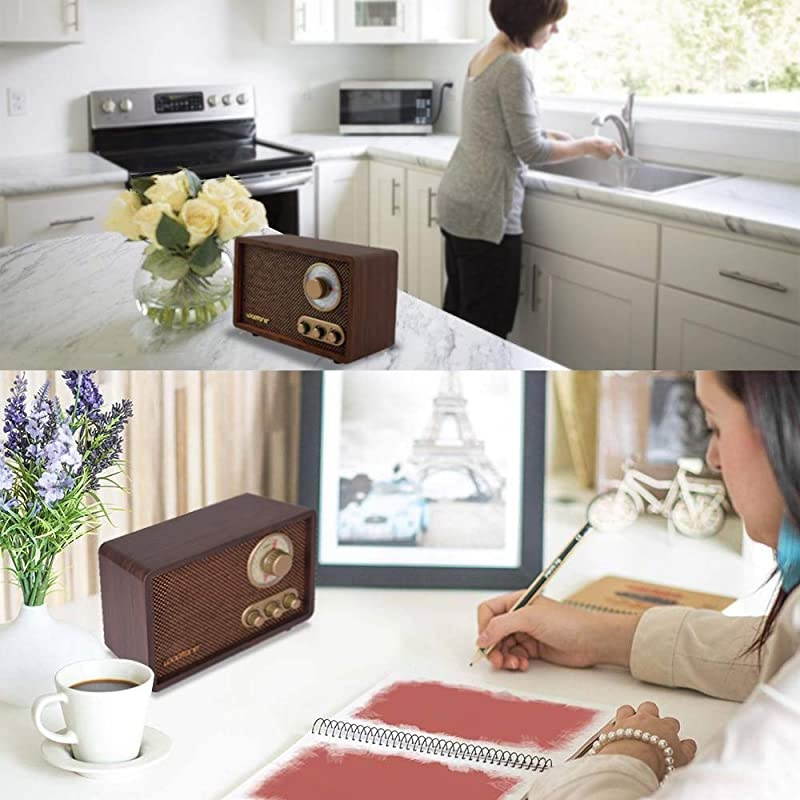 FM AM Radio Retro Wood Radio with Bluetooth Play Mp3 and Antenna Built in Speaker for Kitchen Living Room