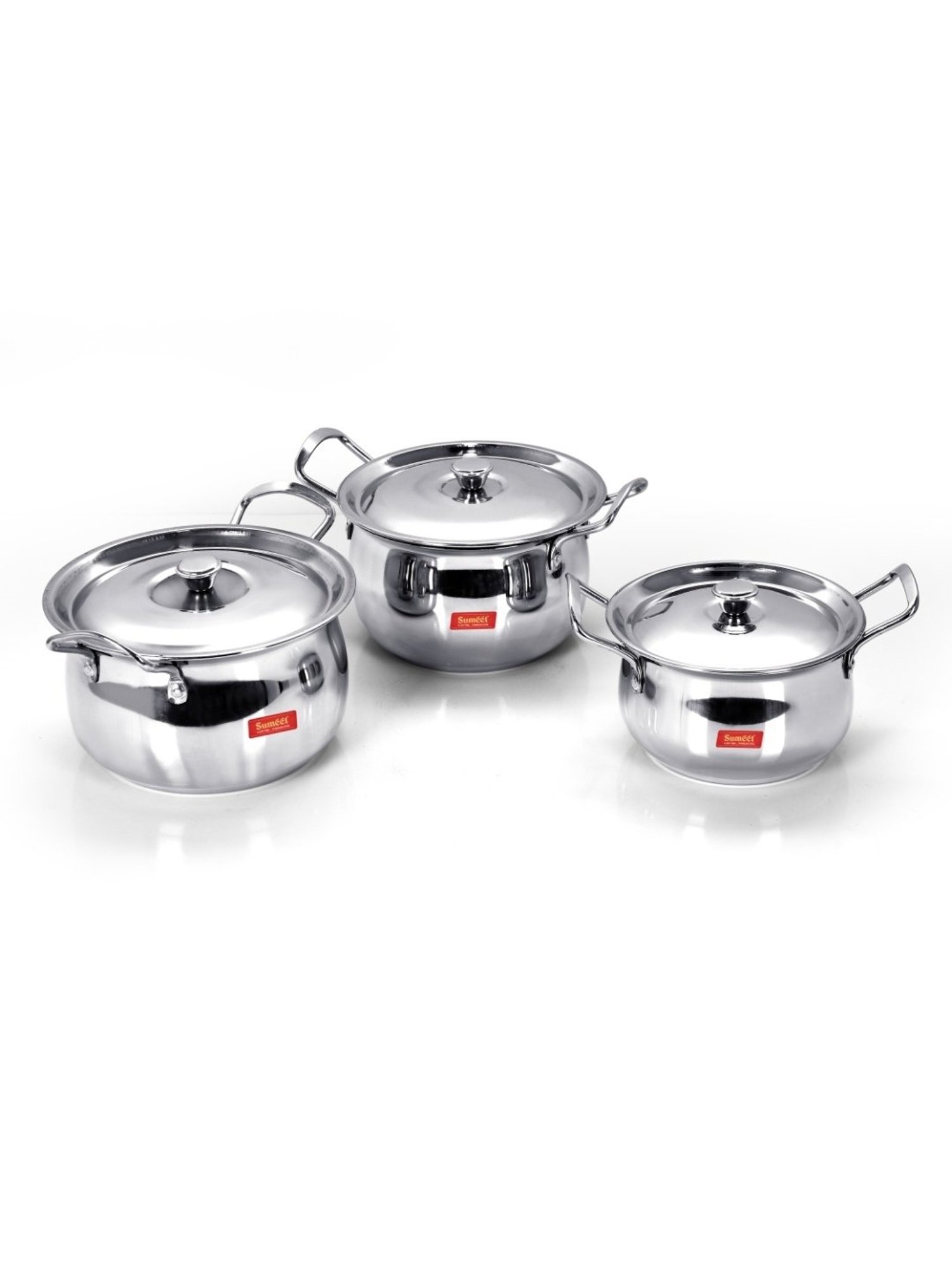 Sumeet S.S.Induction&Gas Stove Friendly Cook&Serve Handi with Lid-Set of 3Pc (1.1L, 1.6L, 2.1L)