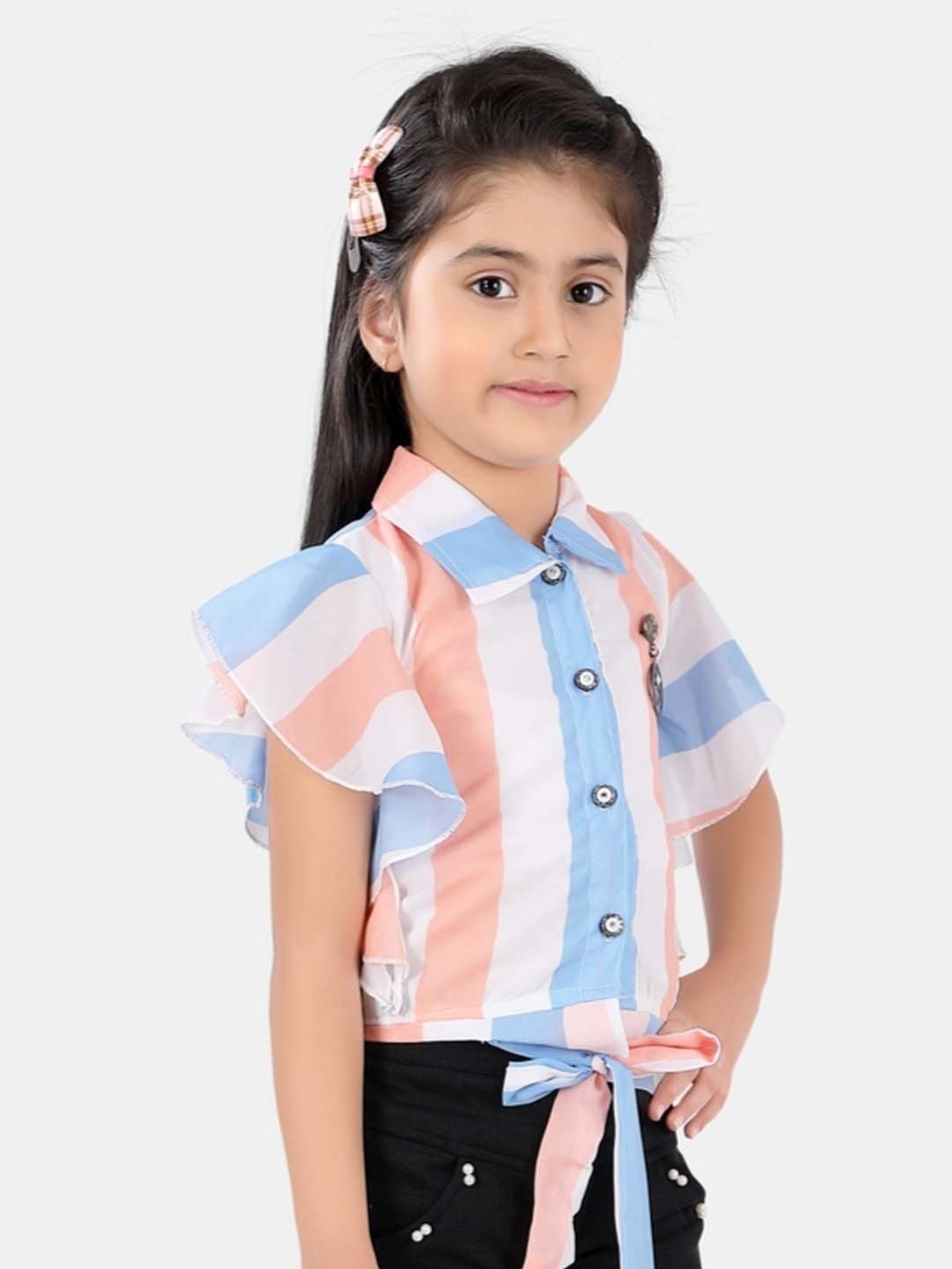poplins Kids Peach & Blue Cotton Color Block Top