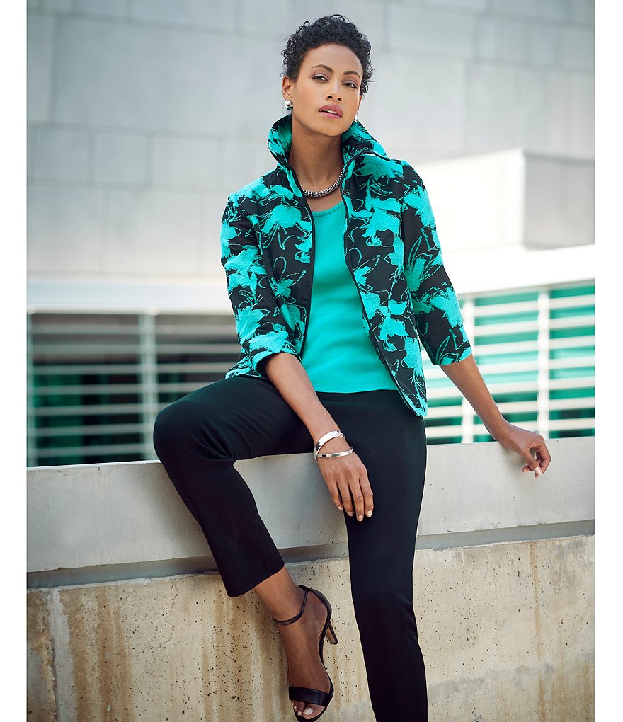 Ming Wang 3/4 Sleeve Puff Collar Open Front Floral Jacket