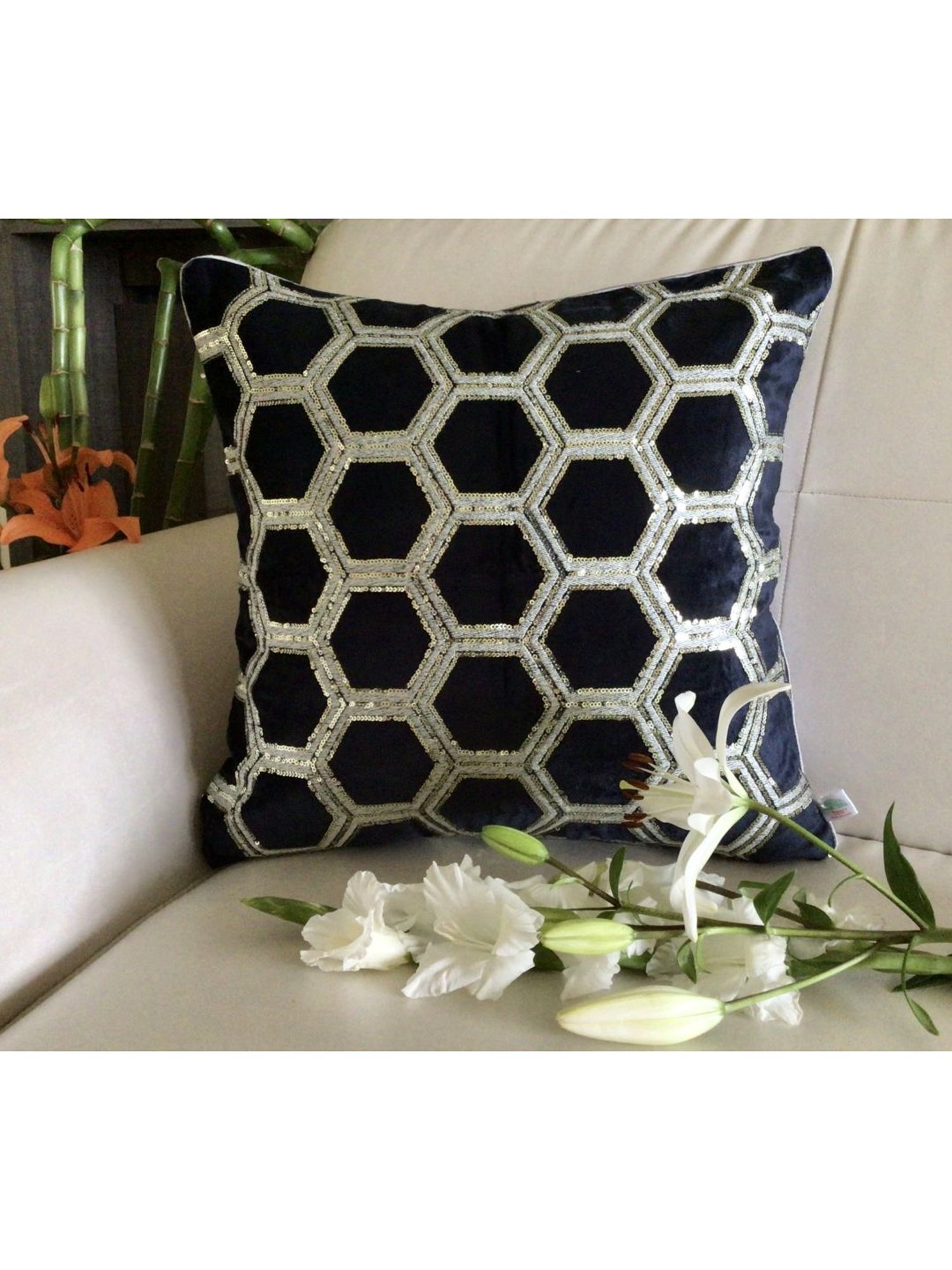 TARA Sparkling Homes Blue Embroidered Luxury Velvet Cushion Cover - Set of 1