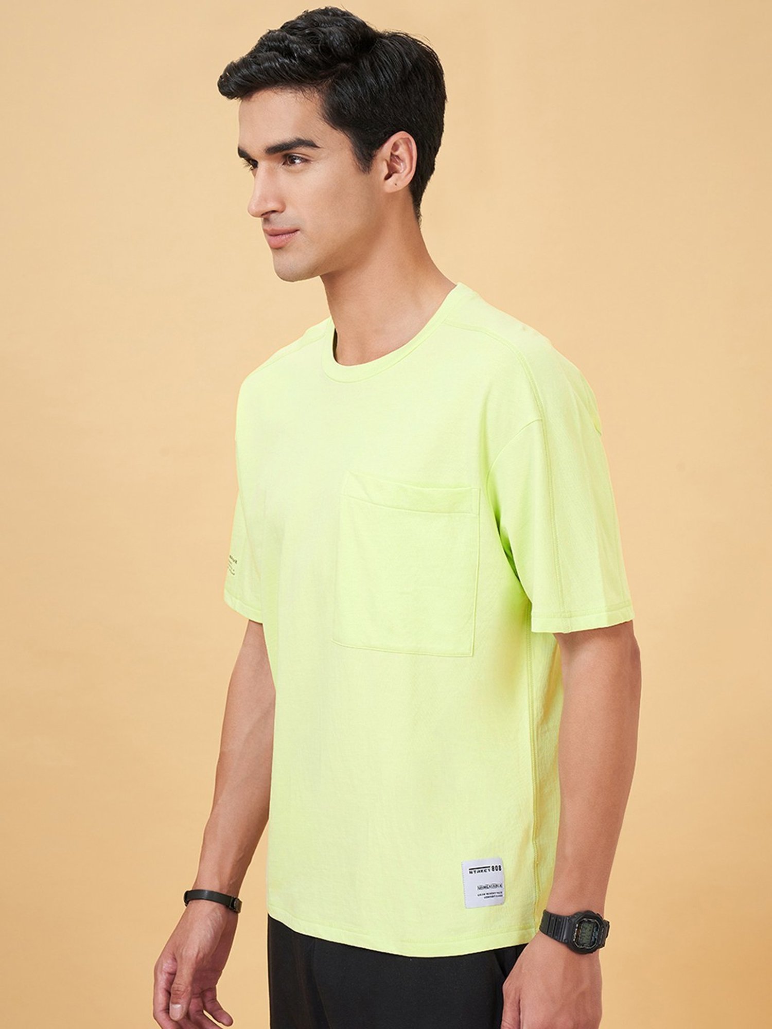 Street 808 By Pantaloons Lime Cream Cotton Loose Fit Printed T-Shirt
