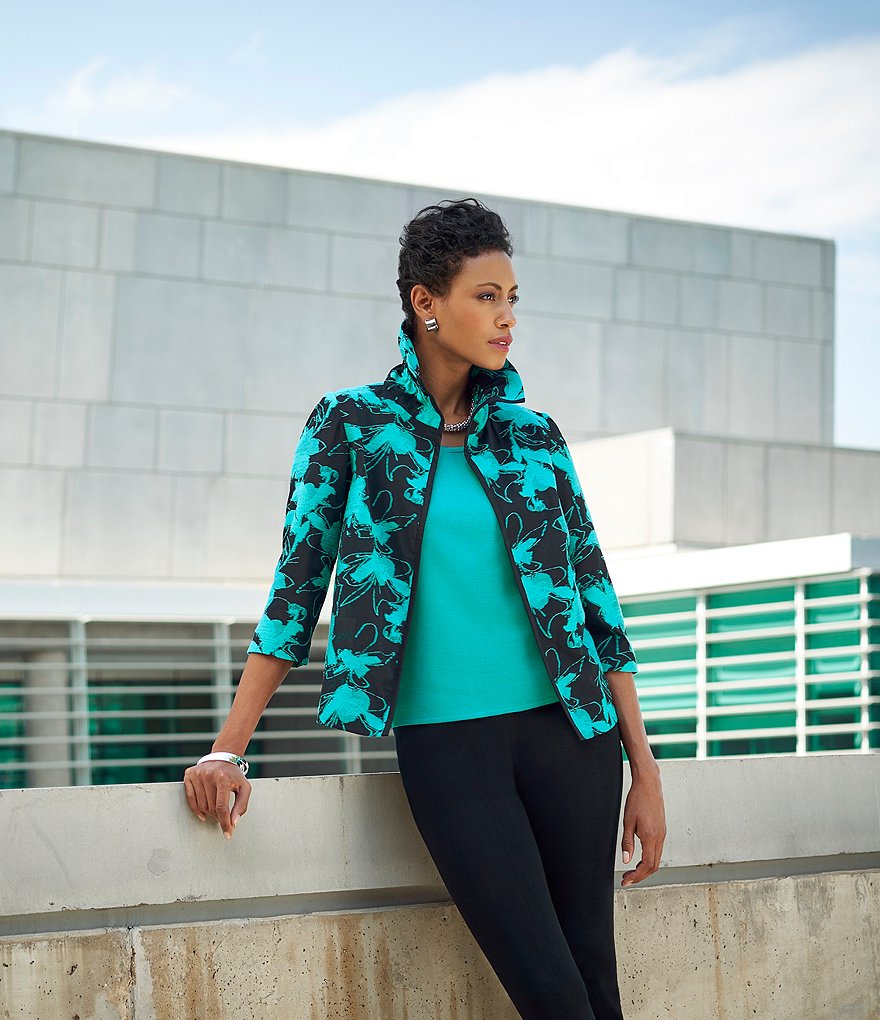 Ming Wang 3/4 Sleeve Puff Collar Open Front Floral Jacket