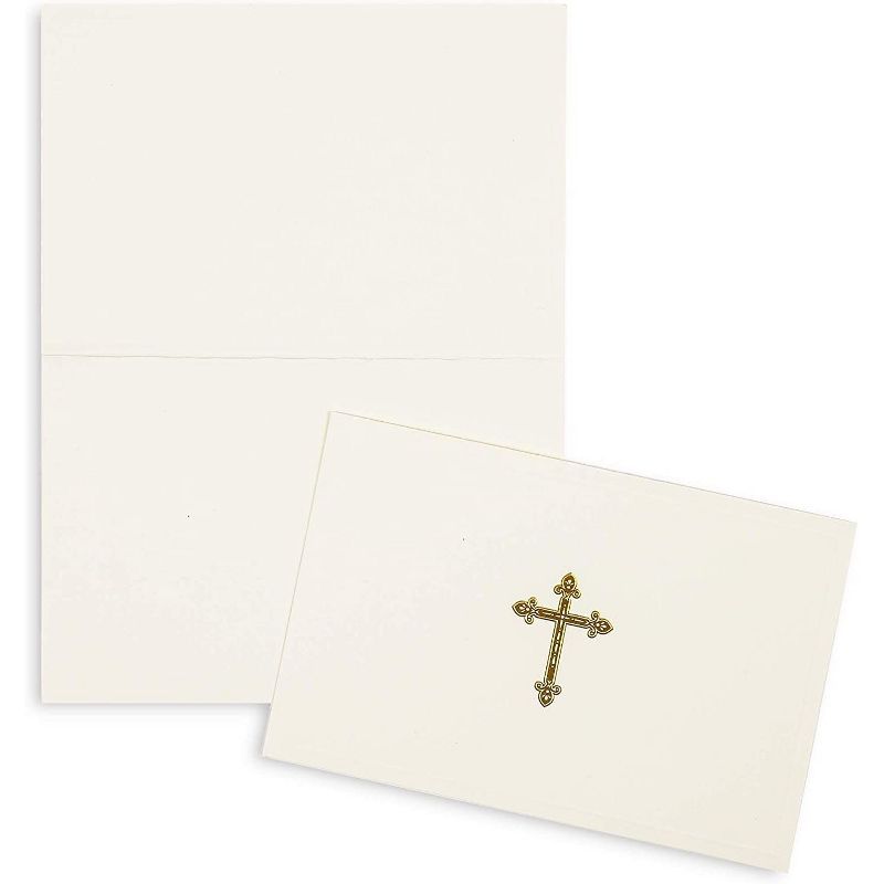 48-Pack Gold Foil Embossed Cross Blank Greeting Card Set with Envelopes, Ideal for Religious Celebrations, Baptisms, (Cream 4x6)