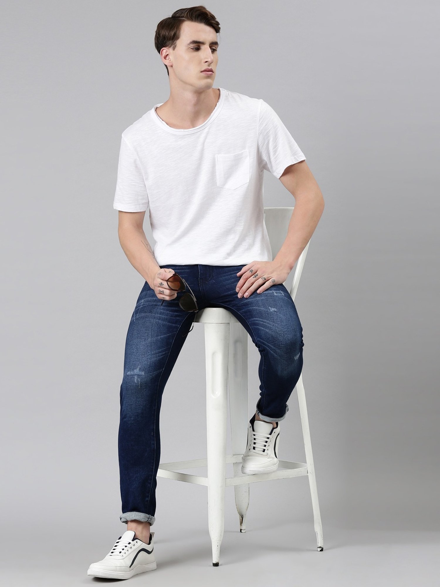 CINOCCI Blue Cotton Slim Fit Distressed Jeans