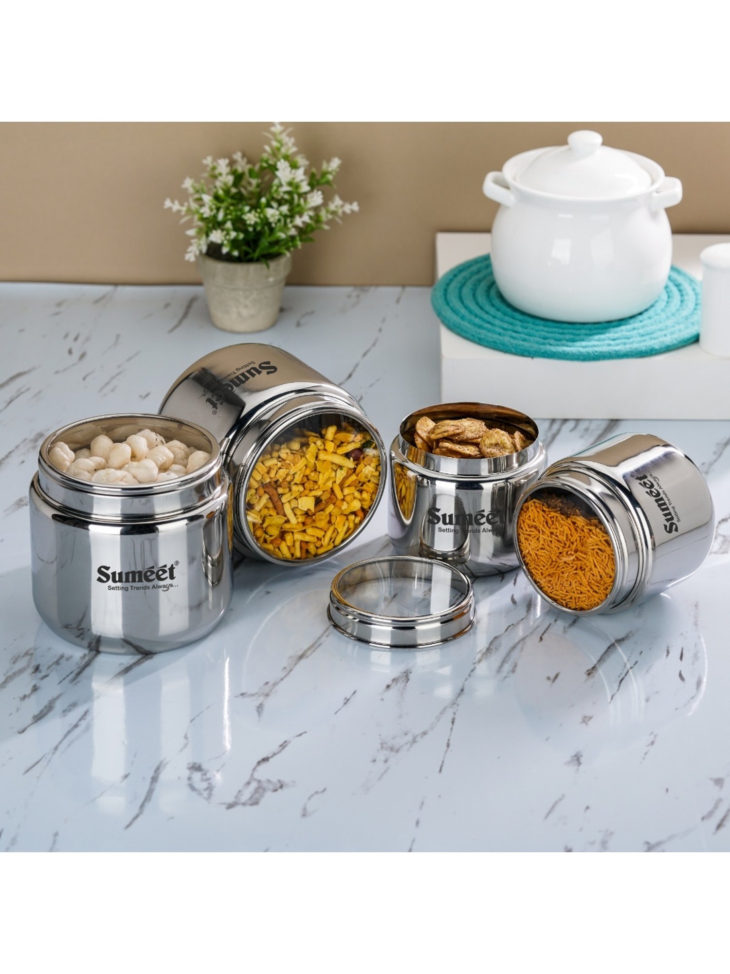Sumeet S.S.Storage Containers with See Through Lid,4pc (400ml-2Pc with 9cm&800ml-2Pc with 11cm)