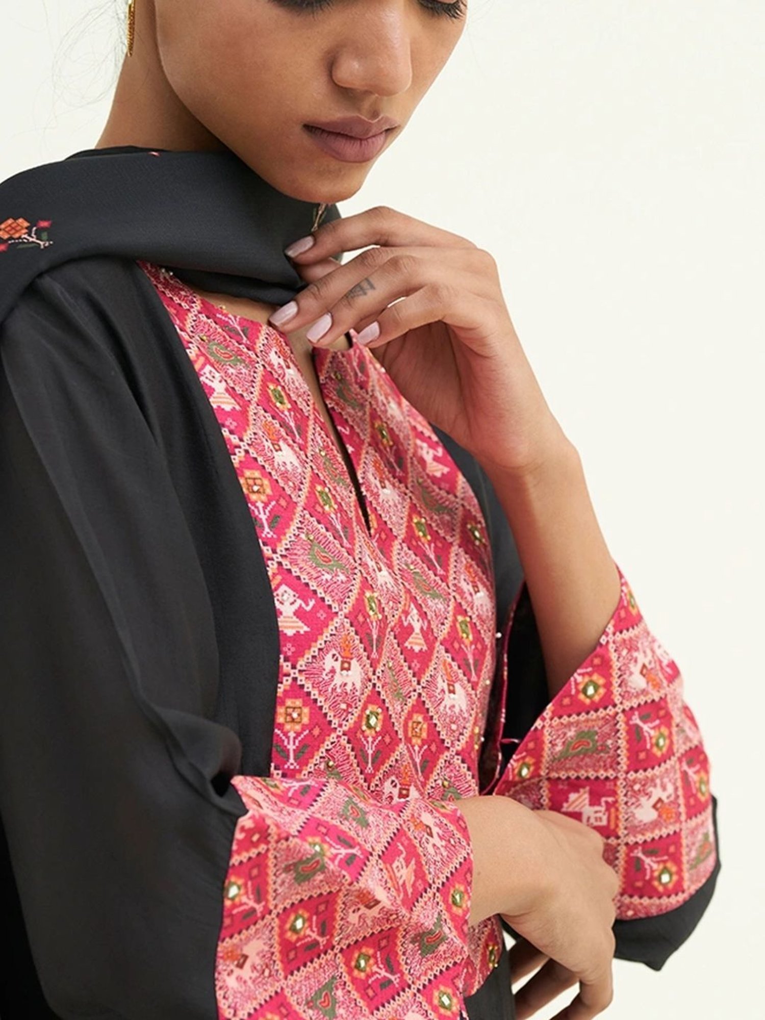 Ganga Fashions Black Kurta with Salwar and Dupatta With Patola Patch Work