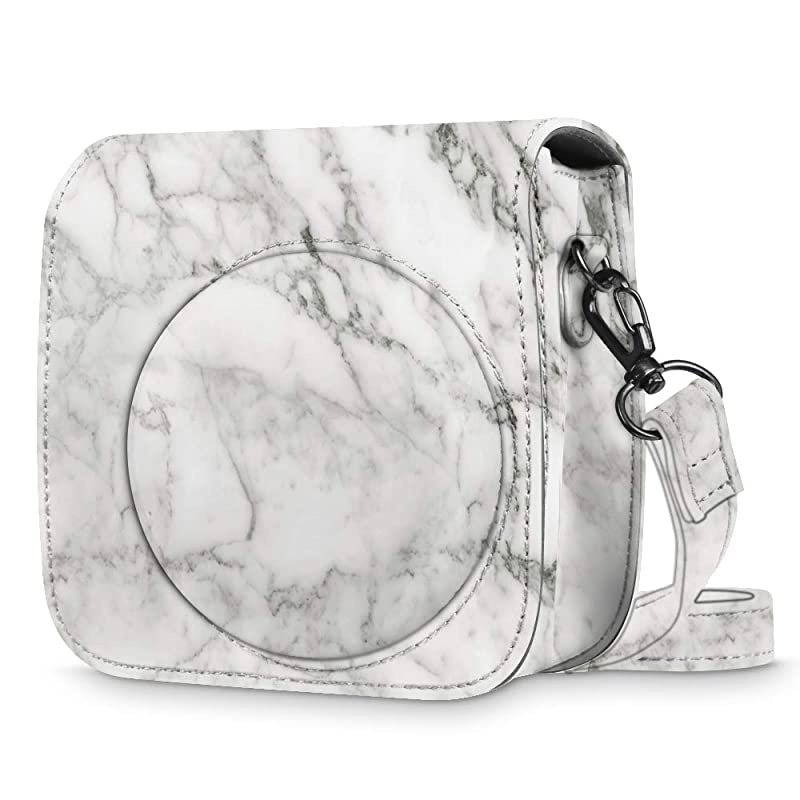 Protective Case Compatible with Fujifilm Instax Mini 8 Mini 8+ Mini 9 Instant Camera Premium Vegan Leather Bag Cover with Removable Strap Marble