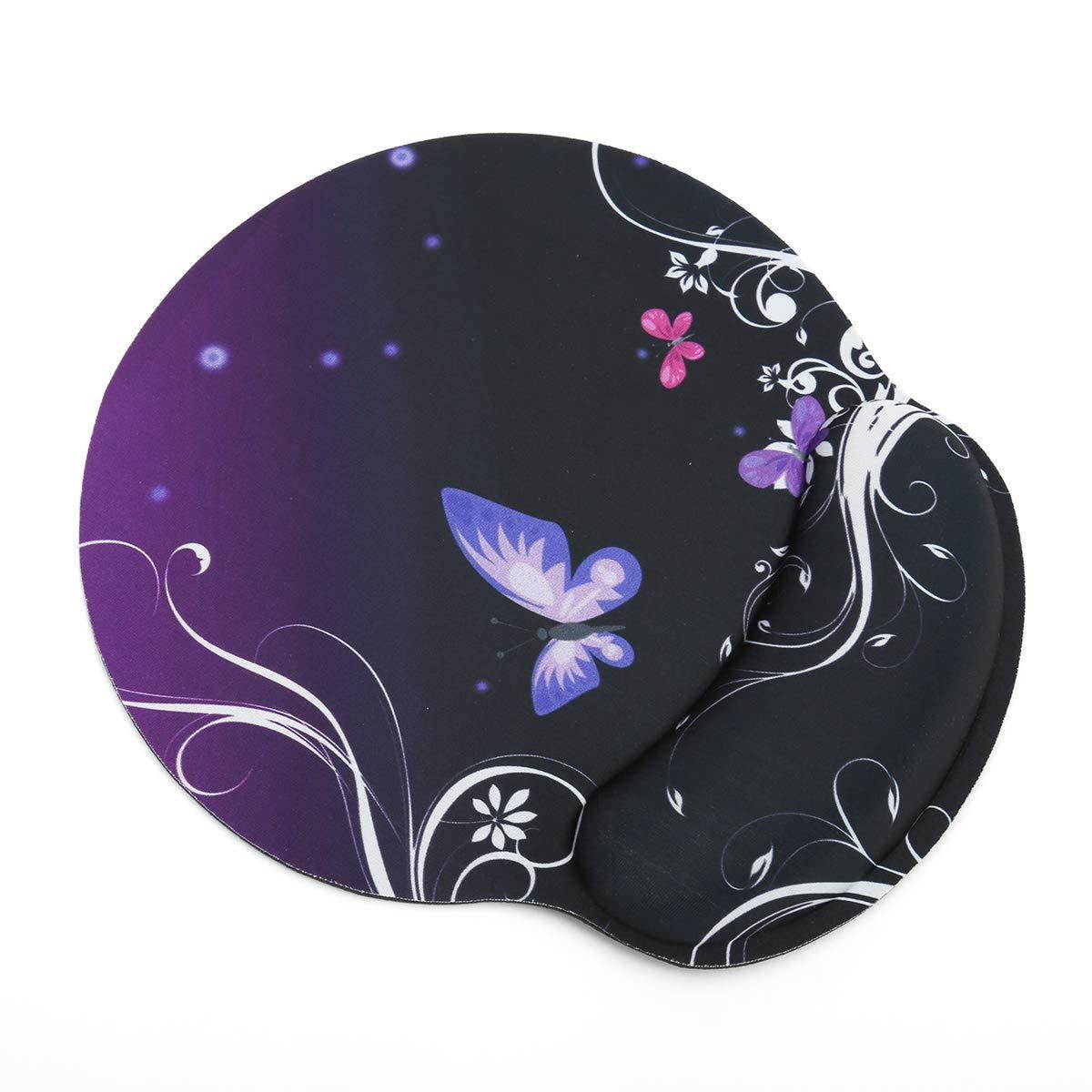 iColor Mouse Pad with Wrist Rest Nonslip Ergonomic Memory Foam Pain Relief Mousepad Desk Mat (9"x10") for Office Gaming Computer Laptop at Home/Work (Purple Butterfly&Flower)