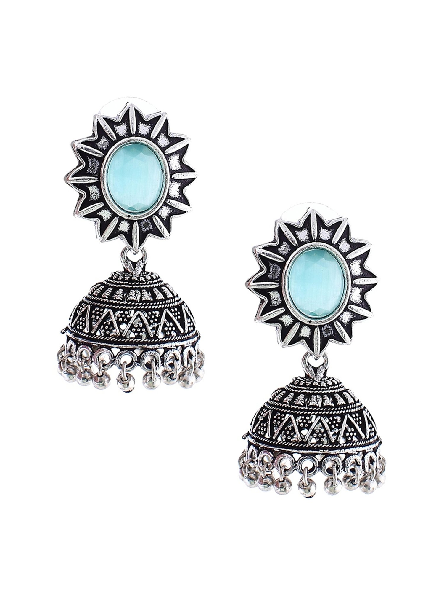 Imli Street Light Green Silver Tone Stone-Studded Handcrafted Jhumki Earrings