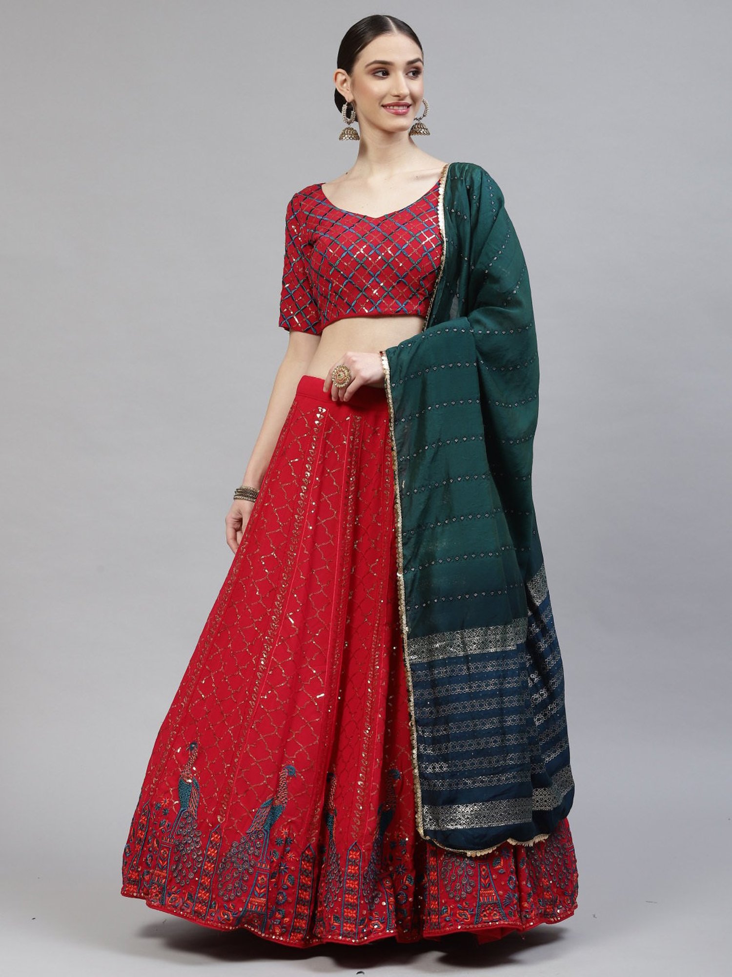 SHUBHKALA Pink & Green Embellished Lehenga and Choli Set With Dupatta