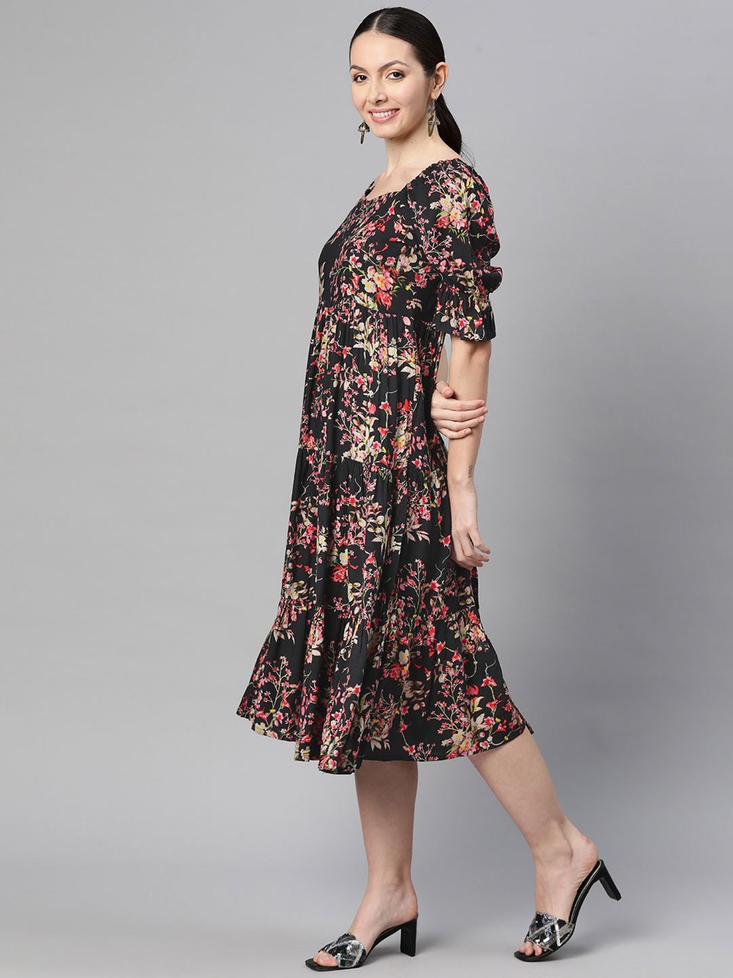 Indibelle Black Floral Ethnic Dress