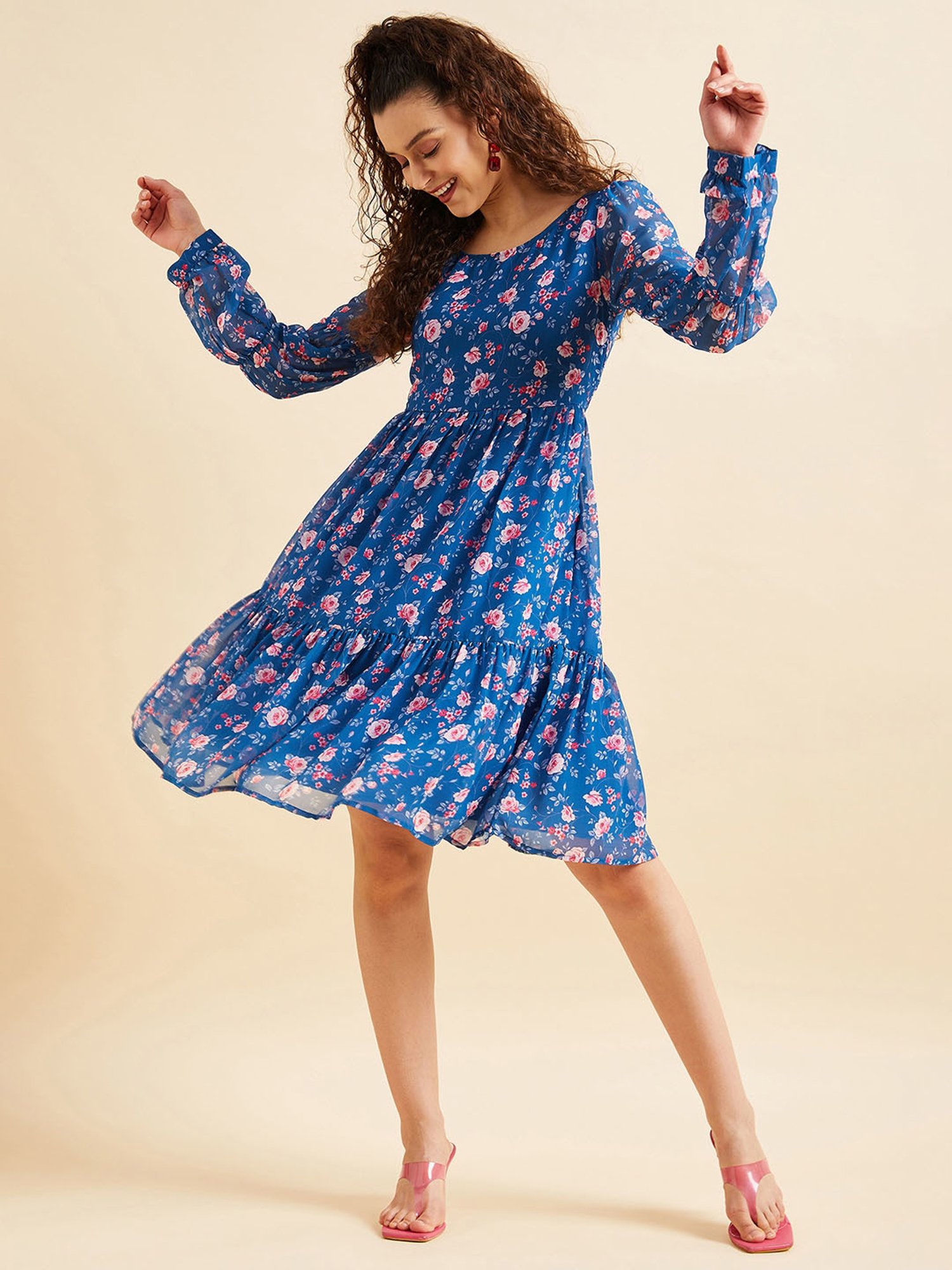 PANIT Blue Floral Print Ethnic Dress