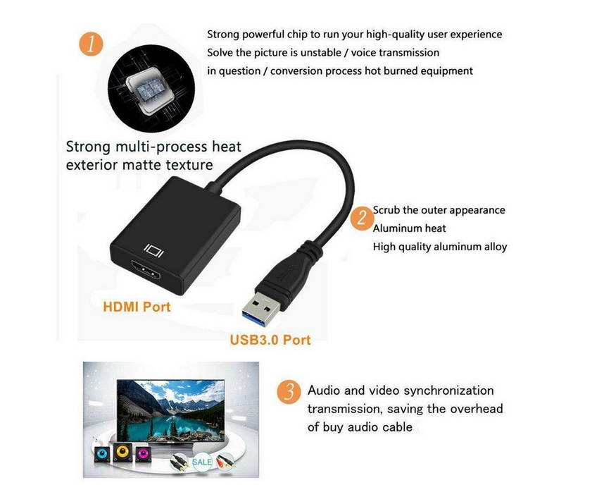 KINGZONE Drive free-USB 3.0 To HDMI Audio Video Adaptor Converter Cable For Windows 7/8/10 PC 1080P