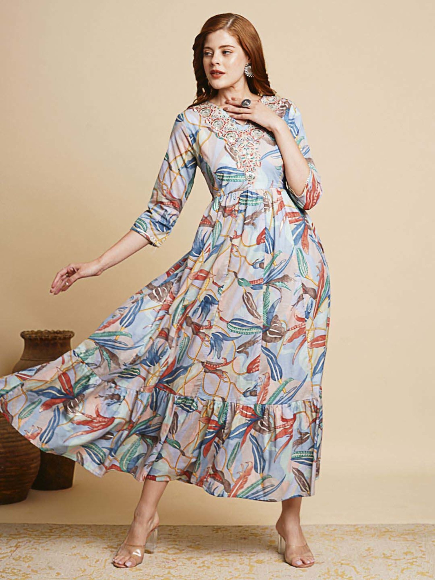 Fashor Blue Cotton Printed Maxi Dress